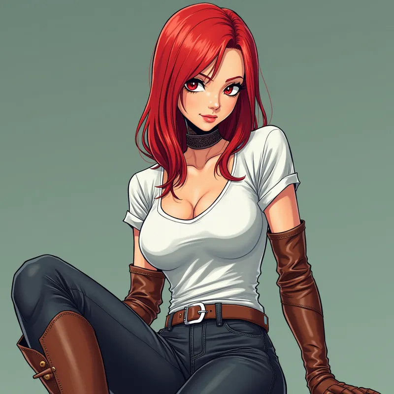 Cyborg Girl Allure - A stunning cyborg girl with a beautiful face, vivid red eyes, and striking red hair, styled in a smooth, straight fashion. She wears a plunging white t-shirt, tight dark slim-fit jeans, and smooth, stiff brown leather gloves. Her outfit is completed with knee-high, riding-style smooth brown leather cowboy boots. The scene is rendered in colorful manga style inspired by Hokuto no Ken and Dragon Ball Z. She gazes at the viewer with intensity, leaning slightly forward as if to seduce. - AI image generated with Photorealistic 2