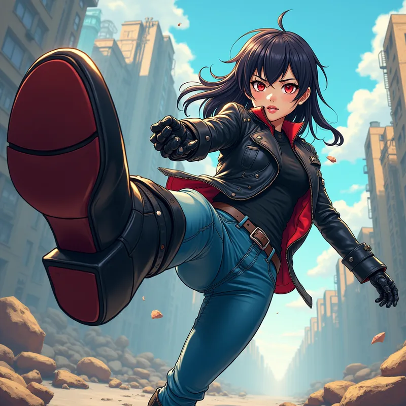 Cyborg Girl Showdown - A beautiful Asian cyborg girl with striking red eyes, wearing a shiny, stiff black leather jacket and matching gloves, stands confidently in a ruined city. She wears blue jeans and glossy, stiff riding boots, delivering a dynamic kick toward the viewer. The boot is shown in a dramatic close-up, with detailed manga-style colors, shadow, and light effects, creating a vibrant, highly detailed anime illustration. - AI image generated with Photorealistic 2