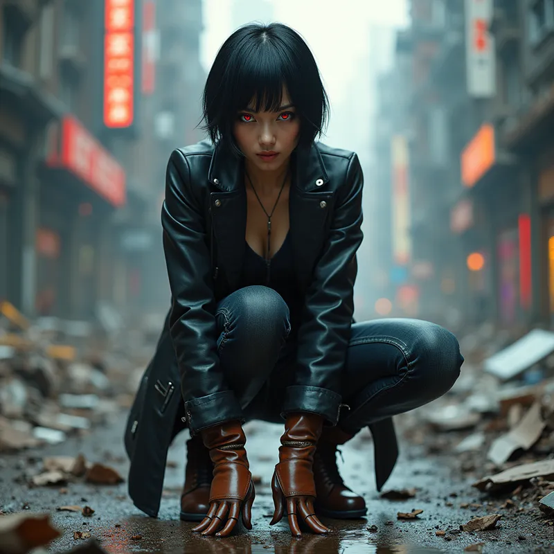 Cyborg Huntress in Ruined City - A stunning Japanese woman with short hair and vivid red eyes, dressed in a black leather coat, smooth brown leather gloves, slim jeans, and brown leather riding boots, crouches with predatory focus in a ruined futuristic city, ready to destroy her target. She is a cyborg, exuding a powerful yet enigmatic presence among the decaying skyscrapers and neon-lit debris. - AI image generated with Photorealistic 2