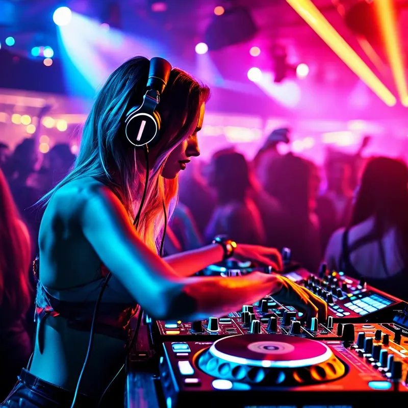 DJ Night: Energized Club Vibes - A vibrant nightclub scene with a DJ booth. The DJ is you, wearing stylish headphones and mixing tracks. The crowd is dancing energetically, and colorful lights are flashing all around. The atmosphere is lively and electrifying. - AI image generated with Nova Canvas