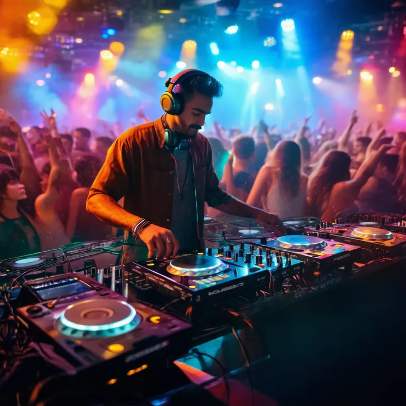 DJ Night: Energized Club Vibes - A vibrant nightclub scene with a DJ booth. The DJ is you, wearing stylish headphones and mixing tracks. The crowd is dancing energetically, and colorful lights are flashing all around. The atmosphere is lively and electrifying.