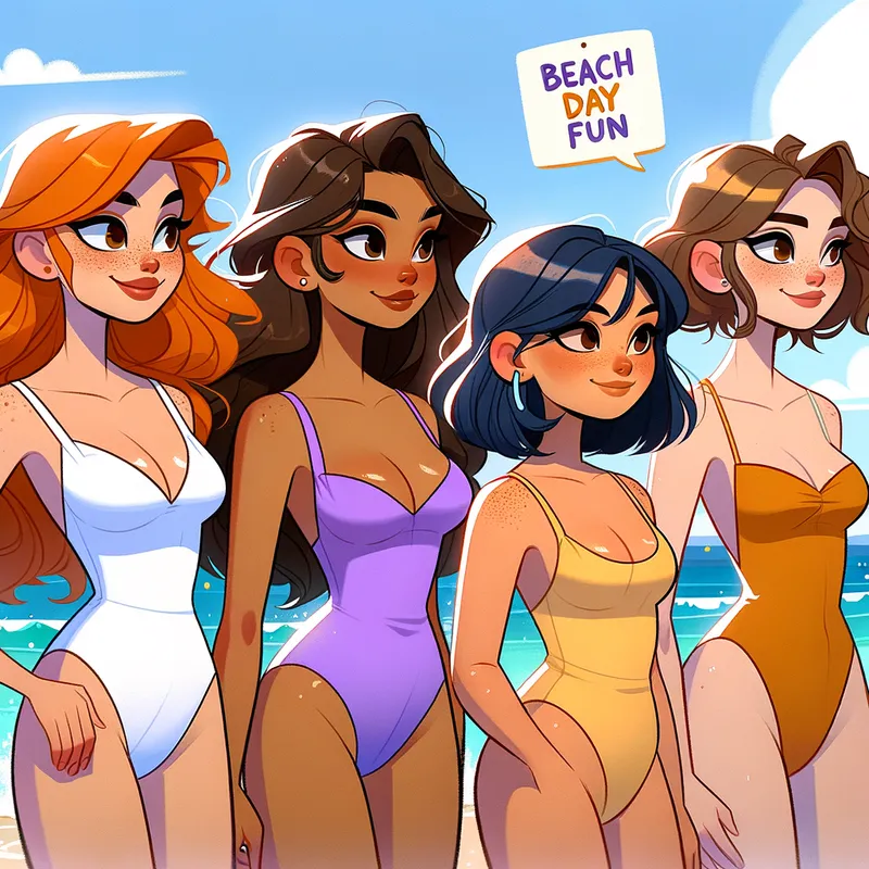 DTI Baddies at the Beach - An animated scene of four girls at the beach. The girl with orange hair is wearing a white bathing suit, the girl with brown wavy hair is in a purple swimsuit, the girl with dark brown hair dons a yellow swimsuit, and the girl with shoulder-length brown hair sports a pink swimsuit. The backdrop includes a clear blue sky and the ocean, with 'The DTI Baddies' written boldly at the top. - AI image generated with Art - cartoony, 1/3 side view
