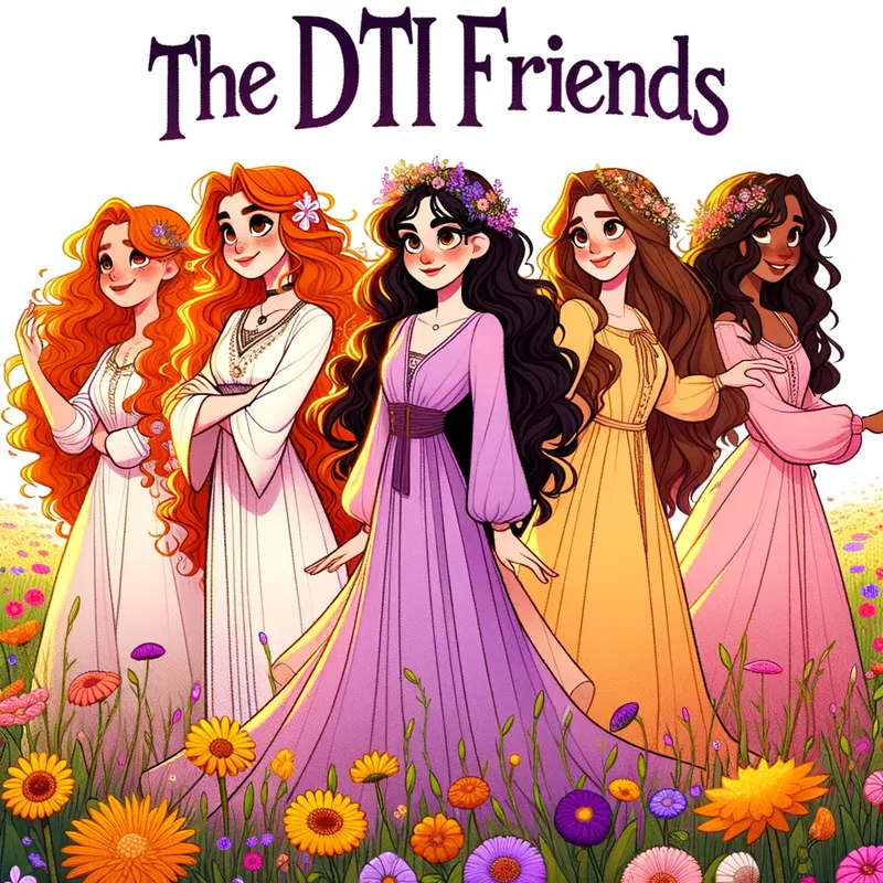 DTI Baddies in a Field of Flowers - An enchanting image of four girls standing in a field of colorful flowers. The girl with orange hair wears a flowing white top, the girl with brown wavy hair is in a lovely purple top, the girl with dark brown hair has a sunny yellow top, and the girl with shoulder-length brown hair is in a sweet pink top. Above them, 'The DTI Baddies' is written in a whimsical font. - AI image generated with Art - cartoony, 1/3 side view