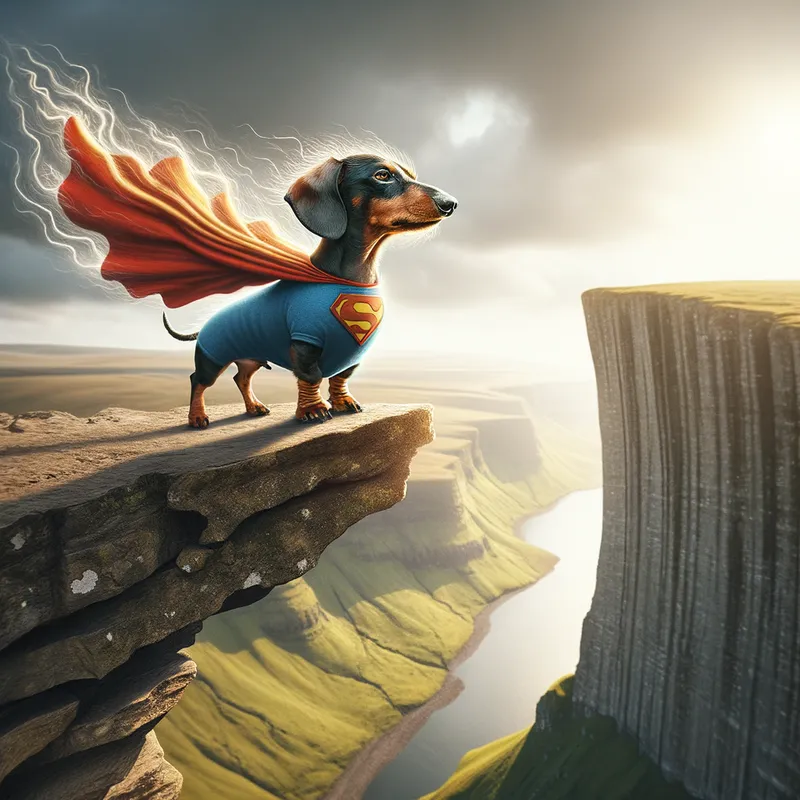 Dachshund Superhero - On the cliff, the dachshund turns into a dog superhero - AI image generated with Art