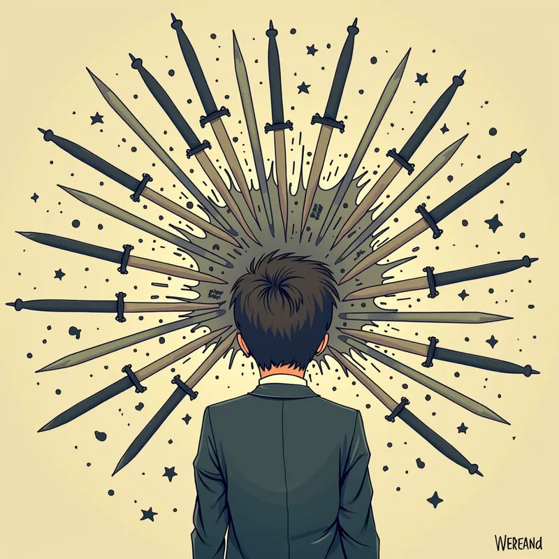 Dagger Words - An illustration of a person being pierced by words that take the form of daggers, symbolizing the harmful impact of verbal attacks. - AI image generated with Photorealistic 2