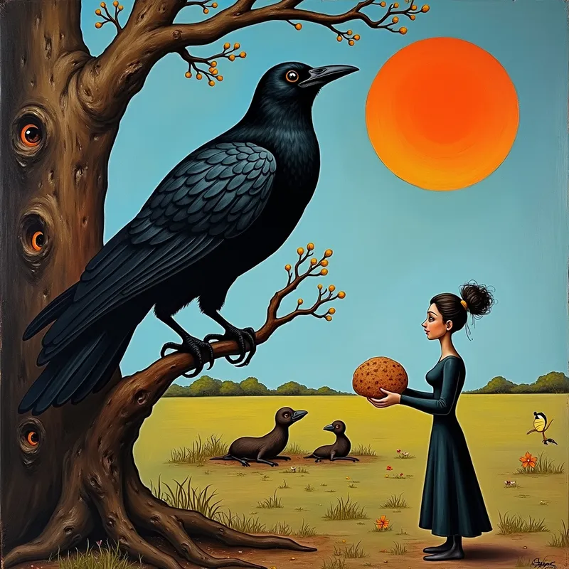 Dali's Crow Observing Woman - A large black crow. Sitting in. a tree, watching a woman put bread out for him. Abstract - AI image generated with Photorealistic 2 - Salvador Dali