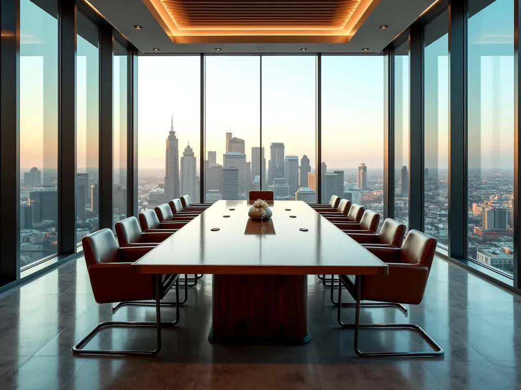 Dallas Skyline Executive Boardroom - A luxurious executive boardroom on the top floor of a modern skyscraper, floor-to-ceiling glass windows overlooking the Dallas–Fort Worth, Texas skyline, with recognizable landmarks including Reunion Tower, Bank of America Plaza, and downtown Dallas in the distance. A long walnut conference table with premium leather chairs, polished stone flooring, architectural lighting, subtle reflections on the glass, warm morning sunlight, ultra-realistic interior design, cinematic composition, HDR, 8K, professional architectural photography, highly detailed, clean and sophisticated corporate atmosphere. - AI image generated with Photorealistic 2