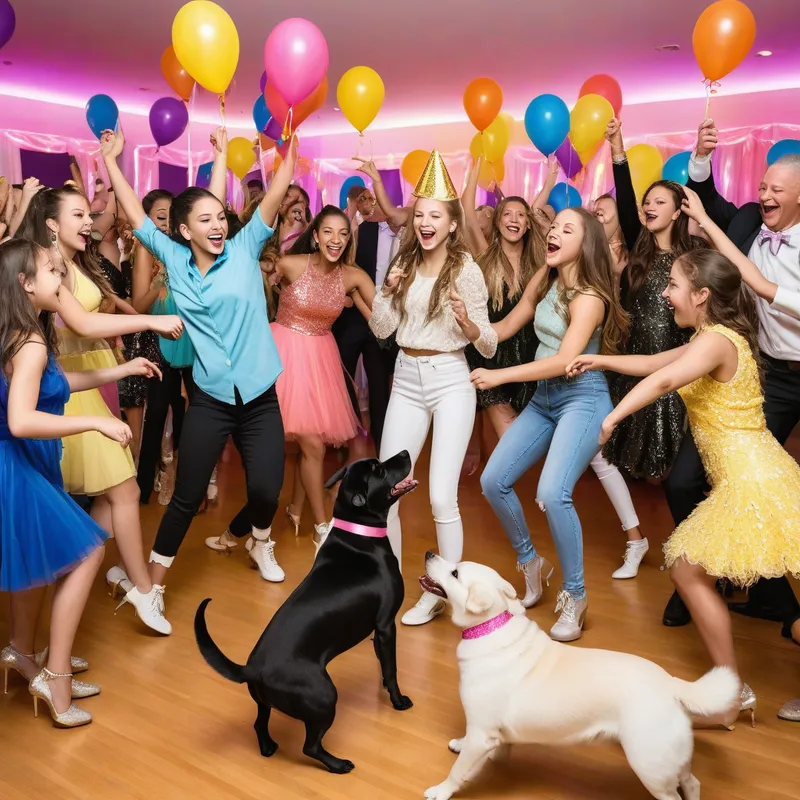Dance Floor Paws - A vibrant scene of a sweet 16th birthday party where dogs are having fun on the dance floor, dancing with delight and energy. - AI image generated with Photorealistic