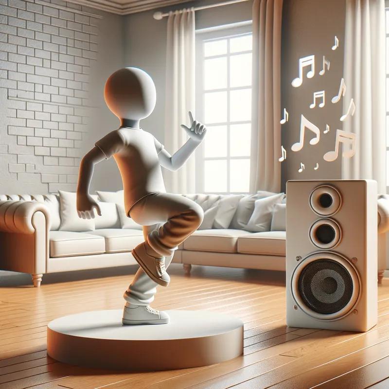 Dance Practice - A determined boy practicing his dance routine in a spacious living room, with furniture pushed aside and a speaker playing upbeat music. - AI image generated with Art - 3D render