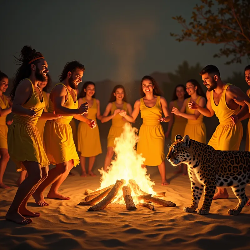 Dancing Flames - Fiery figures wearing yellow togas are dancing rhythmically around a roaring campfire, their movements entrancing. A majestic jaguar watches intently from the sidelines, its eyes reflecting the flames. - AI image generated with Photorealistic 2