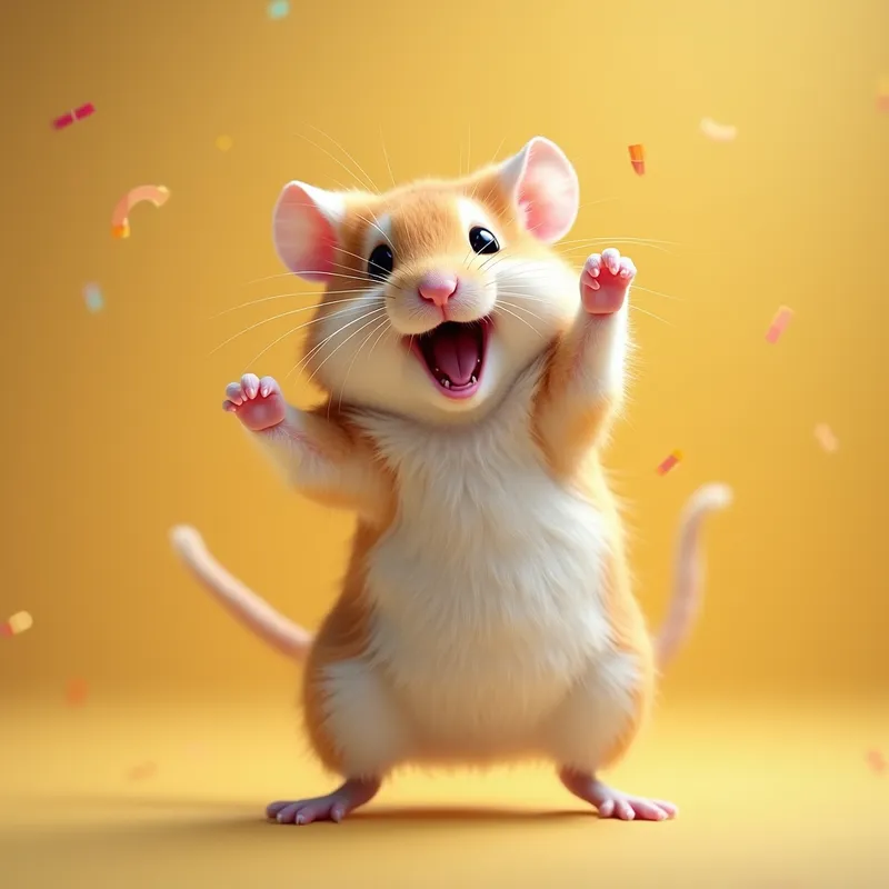 Dancing Hamster - Create a playful, photorealistic image of a fluffy hamster dancing upright on its hind legs, tiny paws raised and body mid-twirl. Add subtle motion blur, a cheerful colorful background, and soft studio lighting to capture the energy of a joyful dance. - AI image generated with Photorealistic 2