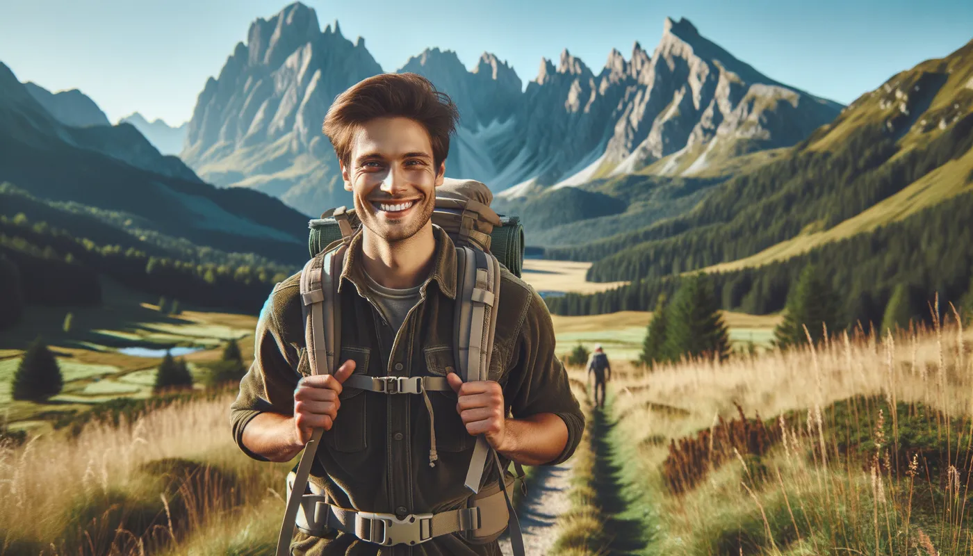 Dany Hiking Adventure - A scenic picture of Dany on a hiking trail, with mountains in the background, wearing hiking gear and carrying a backpack, looking adventurous and happy. - AI image generated with Art