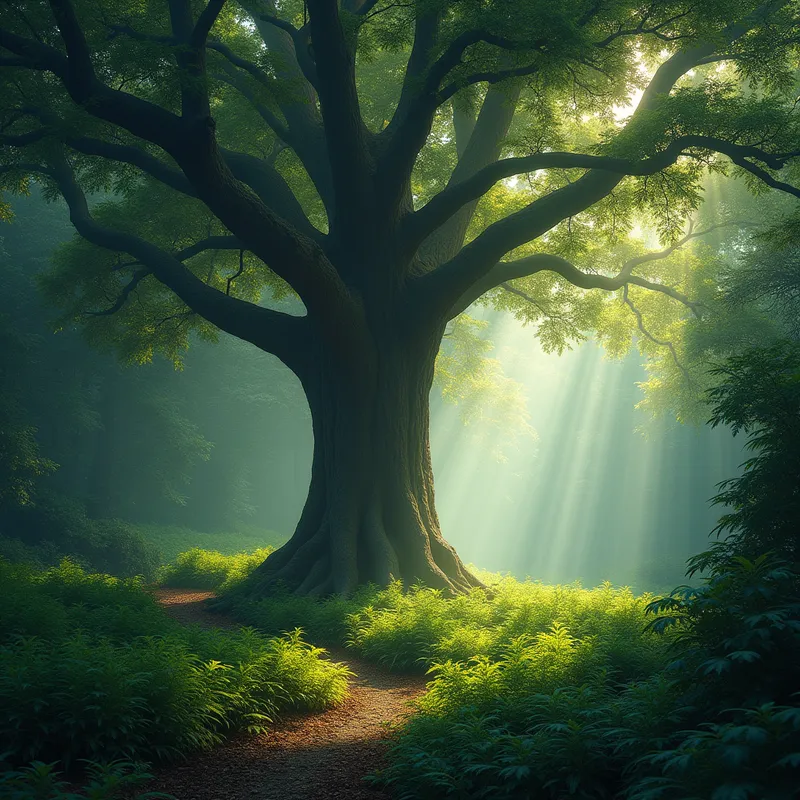 Dappled Light Refuge - A tranquil deep forest scene with a towering oak tree at its heart. Beams of dappled sunlight illuminate floating dust motes and the emerald ferns that blanket the earth. - AI image generated with Flux