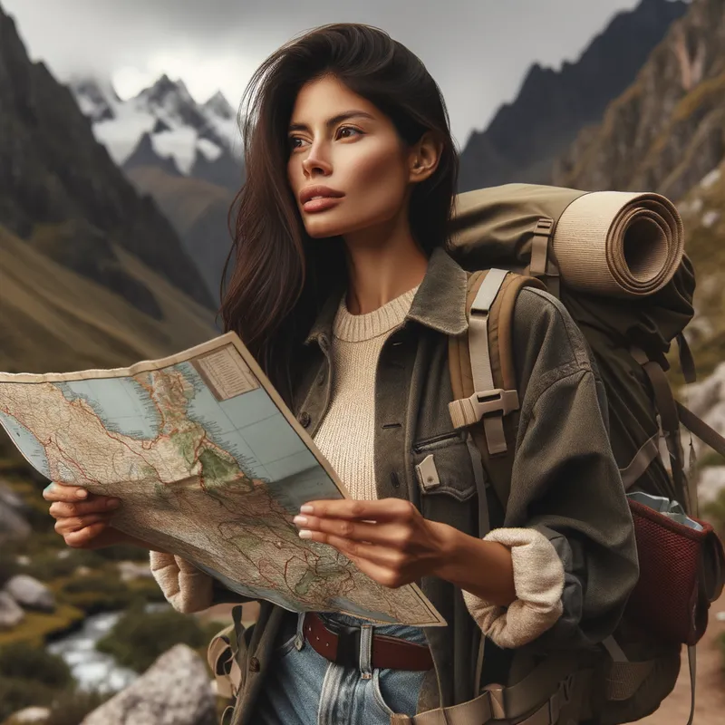 Daring Adventurer - An adventurous woman with a map in her hands, hiking through a mountainous landscape, capturing the spirit of exploration and freedom. - AI image generated with Art