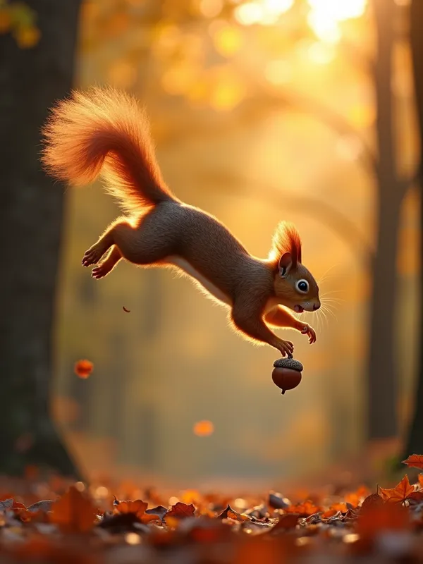 Daring Leap - A red squirrel caught mid-leap, its lithe body stretching between the branches, an acorn tumbling from its tiny paws, set against the warm hues of an autumn forest during the golden hour. - AI image generated with Photorealistic 2