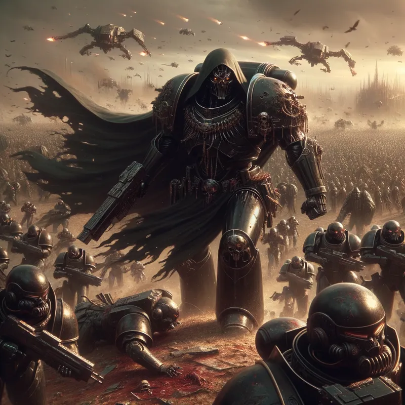 Dark Crusader - An epic battle scene with Darth Vader as a Space Marine general leading troops against a horde of invaders on a war-torn landscape. - AI image generated with Art