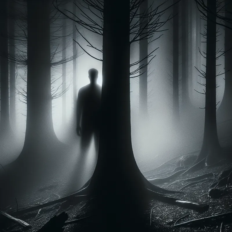 Dark Forest Apparition - A haunting shadow of a man concealed behind a tree in a misty forest. The atmosphere is thick with fog, and the interplay of light and dark creates a chilling and mystical setting. - AI image generated with Art