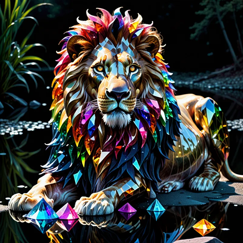 Dark Pond Prism Lion - A fantasy lion with a brilliant mane of colorful crystals stands in near-total darkness beside a calm pond. The setting is haunting and beautiful, with soft glints of light bouncing off the crystals and rippling across the black water. - AI image generated with Fictional