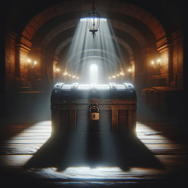 Dark Room Secrets - A dimly lit room with deep shadows, revealing a dusty, locked treasure chest at its center. - AI image generated with Art