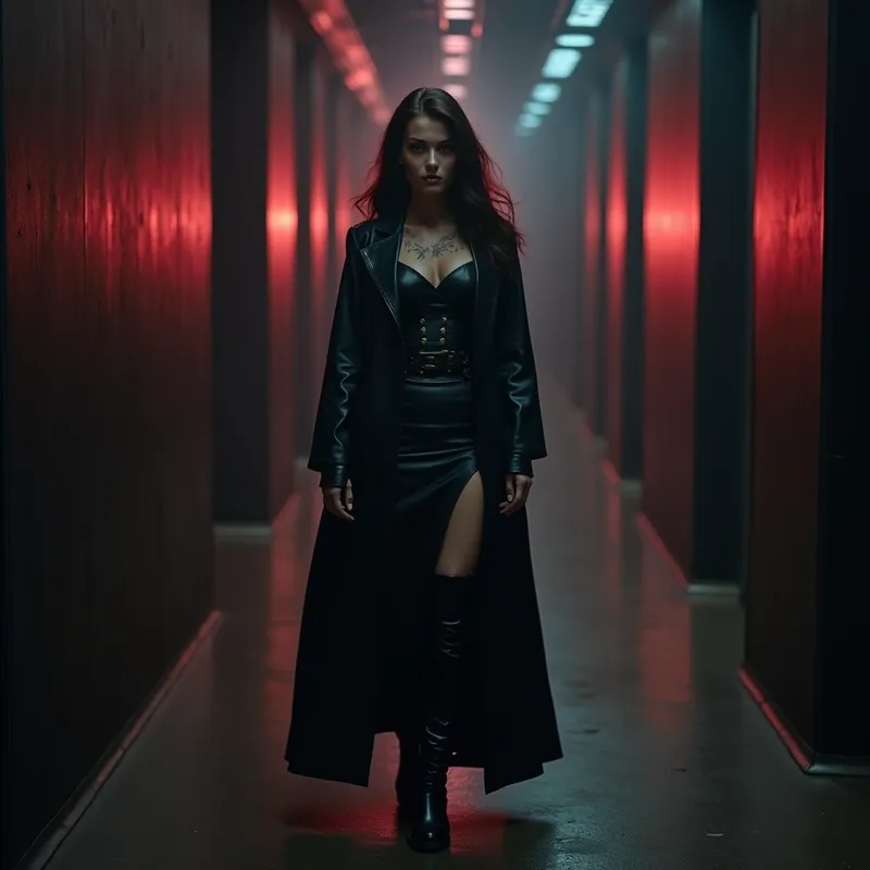 Dark Side Beauty - A striking femme Sith inspired by Star Wars stands in a dimly lit corridor, her face marked with subtle dark side veins and patterns that contrast beautifully with her alluring features. She wears stiff, shiny black leather riding boots, exuding both elegance and command, and stares directly into the camera with a look of dominance. - AI image generated with Photorealistic 2