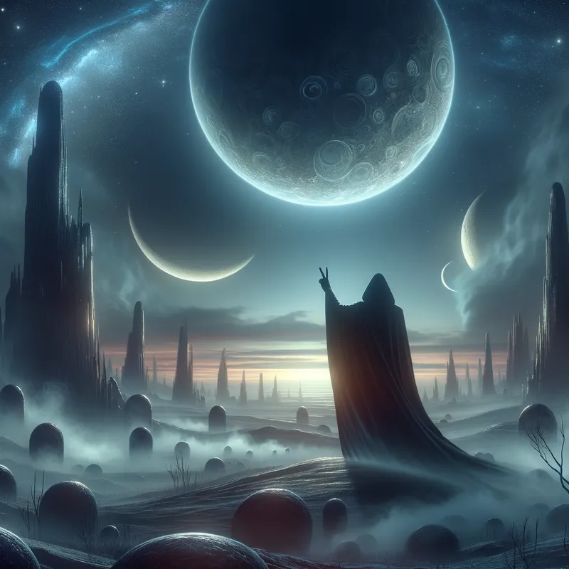 Dark Side of Naboo - A surreal landscape of Naboo under a dark moon, with Darth Jar Jar stepping forward from the mist, signaling his army of Gungan warriors. - AI image generated with Art