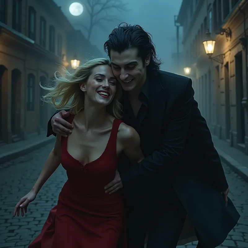 Dark Street Seduction - A suspenseful gothic image of a handsome vampire in all black, with black-and-blue hair and a gleaming white-toothed smile near a fleeing woman’s neck. The woman has waist-length blond hair and a low-cut red dress, caught mid-motion as she runs through a dimly lit town street at night. Atmospheric fog, moonlight, vintage buildings, and cinematic contrast create a haunting, elegant mood. - AI image generated with Photorealistic 2 - chalk, photorealistic, oil art