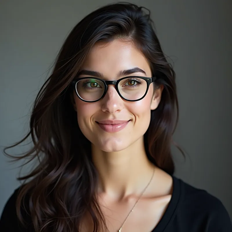 Dark-eyed Glasses Gal - Fair-skinned woman with dark eyes and hair, glasses - AI image generated with Photorealistic 2