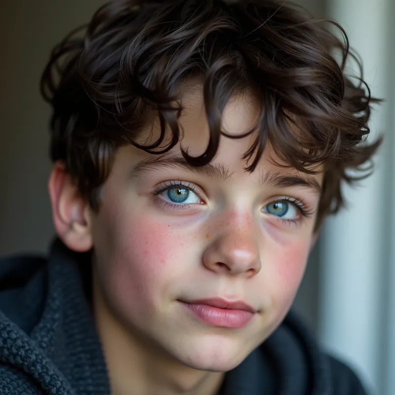 Dark-eyed Teen Boy - 17 year old boy with dark brown hair and blue eyes - AI image generated with Photorealistic 2
