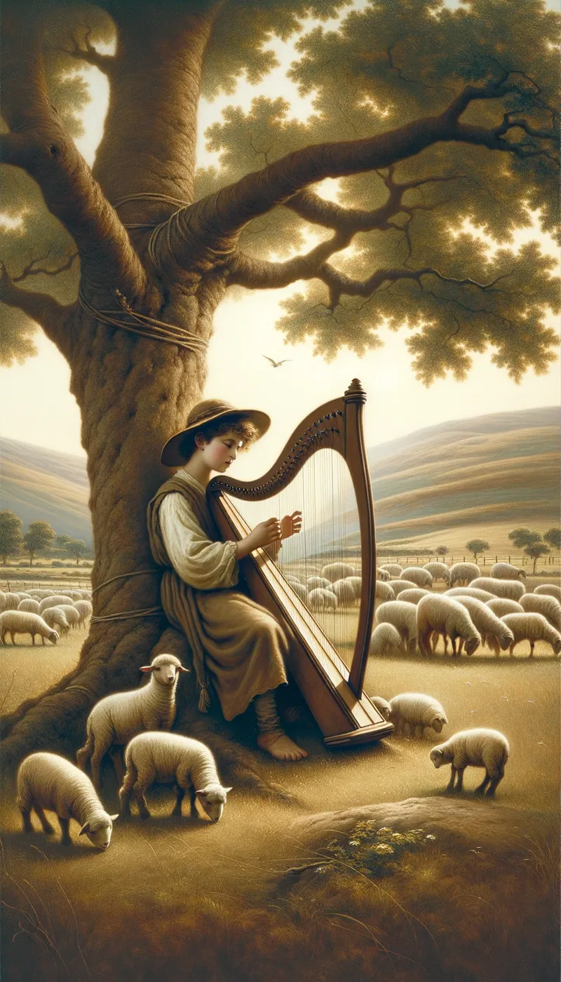 David's Harp - A peaceful and serene scene of David, dressed in simple shepherd's attire, playing a harp under a tree. The background features rolling hills and a flock of sheep grazing, capturing the tranquility and musical prowess of David. - AI image generated with Art