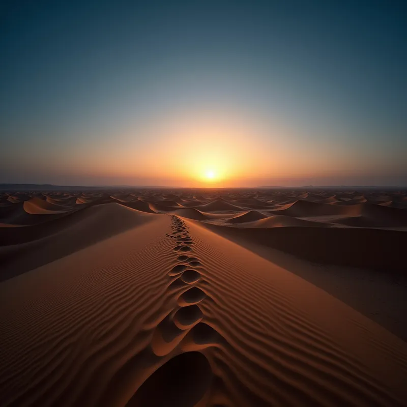 Dawn Over the Dunes - The first light of dawn illuminating the Dubai desert, with the sky gradually changing from dark blue to the golden light, blending perfectly with the sandy landscape. - AI image generated with Photorealistic 2