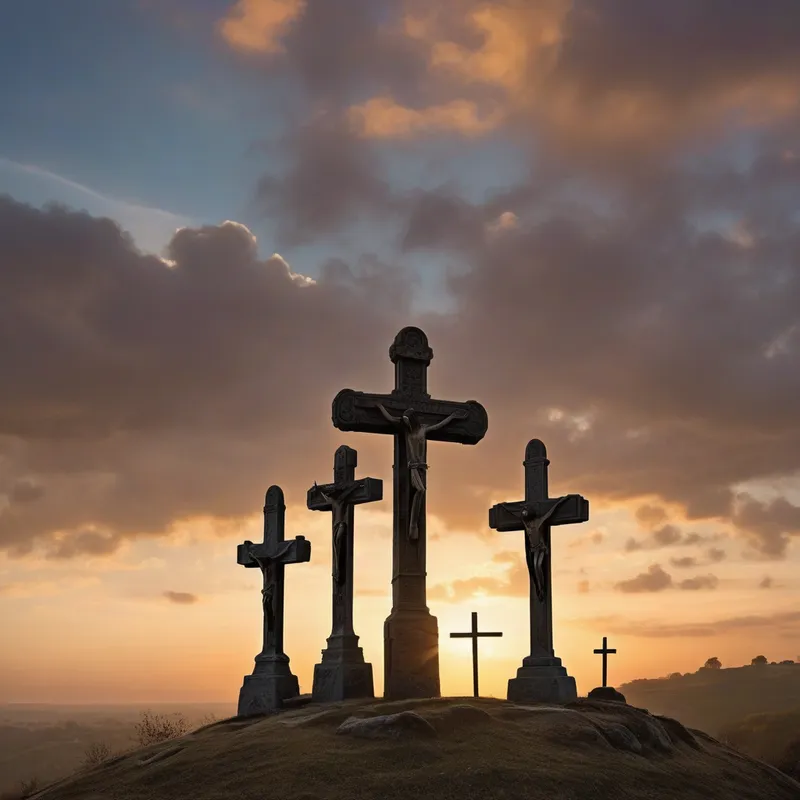 Dawn at Calvary, Empty Tomb - Three crosses on Calvary at sunrise, centered on the middle cross where Jesus was crucified, visible iron nails on the wooden cross, a crown of thorns hanging from the top of the cross at a slight angle, nearby to the side a burial hill with the tomb entrance open and the stone rolled away, early morning golden sunlight, soft glowing atmosphere, light fluffy clouds in the sky, sacred and reverent mood, realistic detail, cinematic composition, dramatic lighting, natural landscape, high emotional impact.
Would you like this in a realistic, painterly, or cinematic style? - AI image generated with Photorealistic