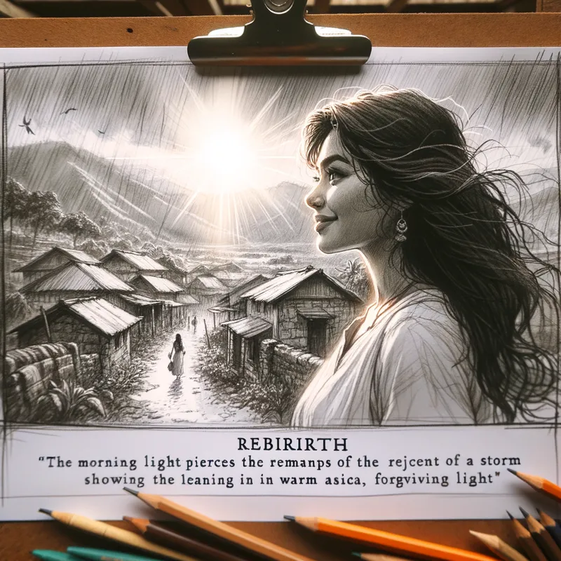 Dawn's Serenity - An image of renewal as the morning light pierces through the remnants of the storm, bathing the village in a warm, forgiving light. The sketch will capture Bella as she heads home, her demeanor suffused with relief and optimism, all framed by a freshly washed world where nature itself seems to sparkle with resilience. - AI image generated with Art