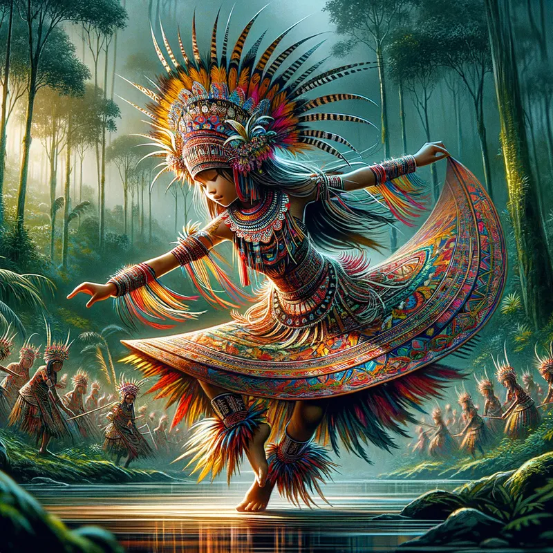 Dayak Tribal Dance - A dynamic scene depicting a girl of dayak tribal dancing, - AI image generated with Art