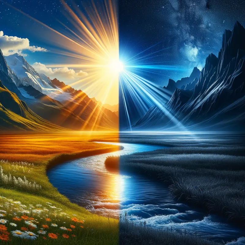 Day and Night Landscape - A striking landscape where the left side is bathed in the light of day while the right side is shrouded in the darkness of night, creating a dramatic and visually captivating contrast. - AI image generated with Art