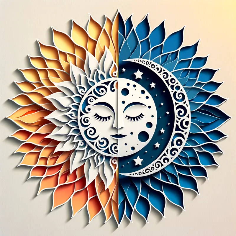 Day and Night Transition - A stunning paper cut effect design showing the contrast between day and night, with a sun and moon on opposite sides and a gradient of colors blending through intricate cutouts. - AI image generated with Art