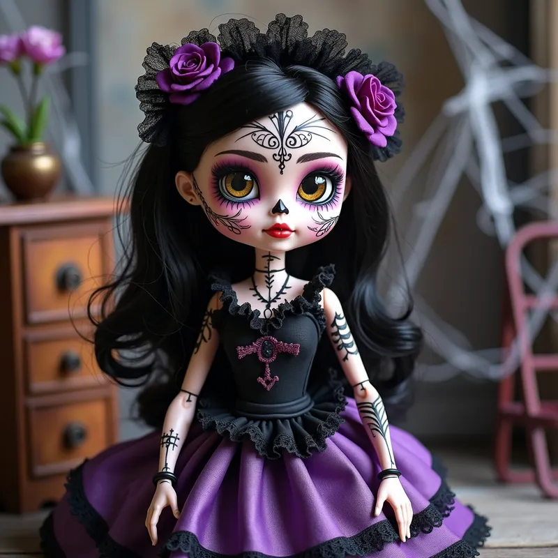 Day of the Dead Gothic Doll - A cute, gothic-themed doll with a detailed sugar skull face, wearing a black and purple dress with lace trimmings. She is positioned in a spooky, yet charming setting with cobwebs and vintage furniture. - AI image generated with Photorealistic 2 - tattoo drawing