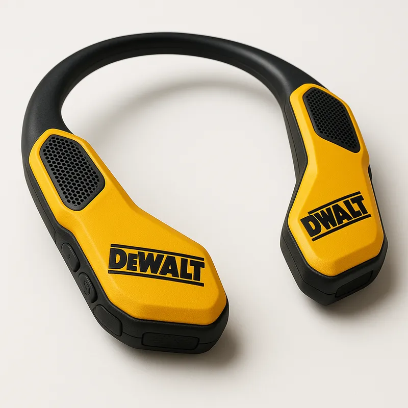 DeWalt Rugged Neckband Speaker System - Product photography of a DeWalt branded personal neckband speaker system. The device is primarily DeWalt yellow on the thicker end sections that rest on the collarbones, with black accents and a flexible black neckband connecting them. Small, integrated speaker grilles are clearly visible on the top, upward-angled surfaces of the yellow end sections, designed to direct sound towards the user's ears. The design is rugged and industrial, suitable for a job site. Tactile black control buttons are visible on the sides of the yellow sections. Prominent 'DEWALT' logo in black on the yellow sections. The overall aesthetic is tough and functional. Clean white background. No earbuds or wires leading to earpieces; the speakers are built directly into the main body of the neckband - AI image generated with GPT Image