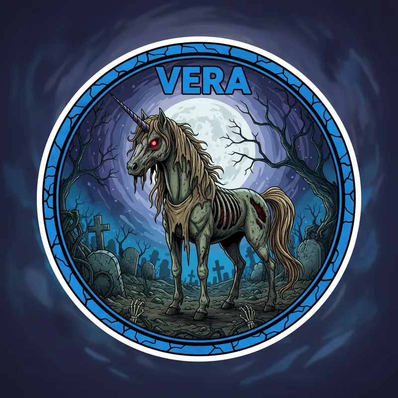 Decayed Unicorn in Graveyard Sticker - Vector illustration of a decayed unicorn with tattered mane and exposed bones, standing in a spooky graveyard. The unicorn has glowing red eyes. Above, the word 'Vera' appears in bold blue text. The artwork is circular and designed as a sticker. - AI image generated with Nano Banana