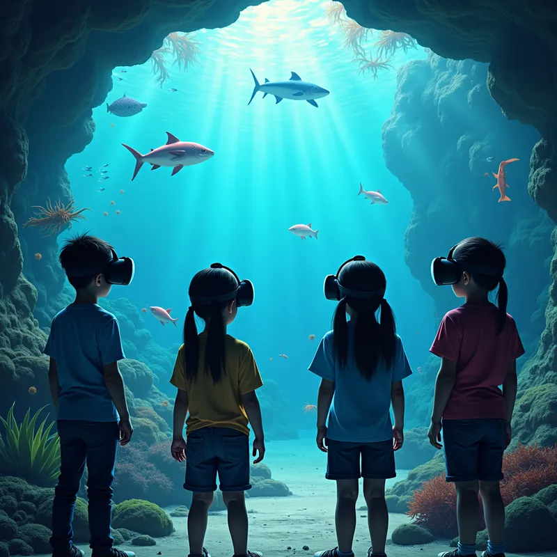 Deep Sea Adventure - Children in an underwater-themed virtual learning environment complete with virtual reality gear, observing and interacting with various sea creatures and ecosystems. The image illustrates an immersive marine biology lesson. - AI image generated with Photorealistic 2 - photorealistic
