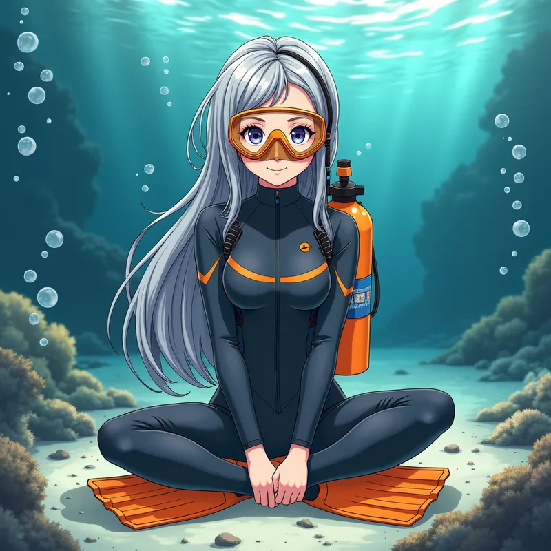 Deep Sea Harmony - This captivating digital artwork depicts a beautiful anime-style scuba diver woman with long, silky hair. She sits cross-legged on the ocean floor, adorned in a dark grey wetsuit, orange flippers, and matching orange scuba gear tank and goggles. The serene underwater world accentuates her peaceful presence. - AI image generated with Photorealistic 2 - alcohol ink, colorful, cartoony