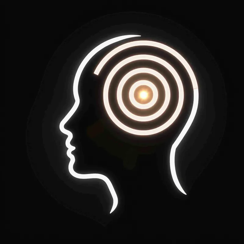 Deep Thought Symbol - A symbolic logo with an abstract human head outline featuring a glowing spiral that signifies expanding consciousness. The design includes geometric shapes like circles for unity. It uses a modern black-and-white palette with soft shadows and subtle gradients to create an elegant and mysterious look. - AI image generated with Text
