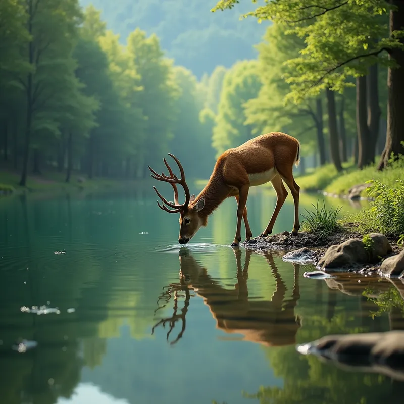Deer by the Lake - A peaceful setting with a deer drinking water from a pristine lake surrounded by lush greenery. The reflection of the deer and the forest in the crystal-clear water adds to the tranquility of the scene. - AI image generated with Photorealistic 2