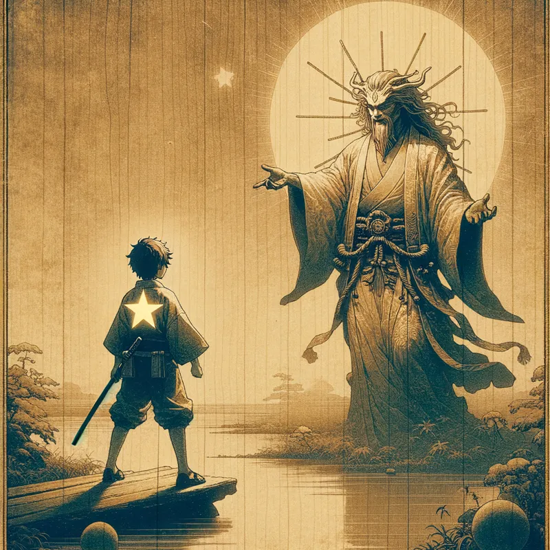 Defender and the Father - A serene moment where the young celestial warrior stands before the Father, a divine figure, seeking wisdom and assurance. The Father's presence emanates a calm certainty in the decision, reflecting belief in the young defender's potential. - AI image generated with Art - ghibli