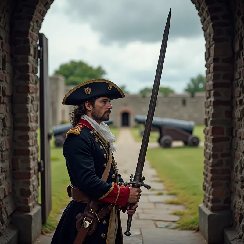 Defender of the Colony - A colonial soldier standing at the entrance of a colony's fort, rapier drawn in defense. His uniform is immaculate with a tricorn hat, and the fort's wooden walls and cannons can be seen behind him. The sky is cloudy, hinting at an oncoming storm, matching the soldier’s determined expression. - AI image generated with Photorealistic 2