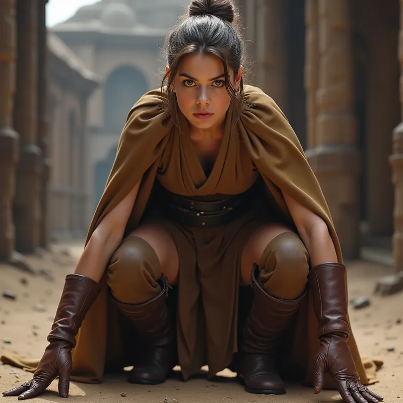 Defender of the Republic - A vigilant female Jedi dressed in highly polished, stiff brown leather gloves and riding boots, crouching as if ready to spring, her intense eyes fixed on the audience, all in a Star Wars universe scene. - AI image generated with Photorealistic 2
