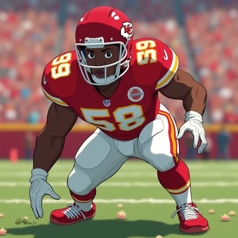 Defensive Ready Stance - Animated 2.5 x 3.5 inch rectangular scene of Derrick Thomas #58 inspired Kansas City Chiefs defender in a red jersey and white pants, crouched in a powerful pre-snap defensive stance on the field, focused expression, stadium crowd blurred in background, no football in hand, no flowers on the field, vivid action composition - AI image generated with Text