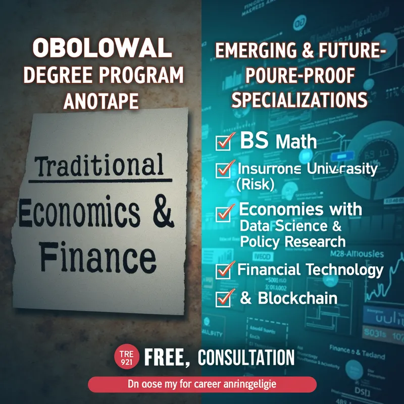 Degree Choices for Tomorrow's Leaders - An educational split-screen poster where the left side, marked by a dull/gray theme, is labeled 'Obsolete Degree Programs' and features faded text of 'Traditional Economics & Finance' with an old education background. The right side is bright and modern with the headline 'Emerging & Future-Proof Specializations' highlighting future-oriented programs such as BS Math with Insurance & Risk Management (📊), Economics with Data Science & Policy Research (📈), and Financial Technology & Blockchain (💰) amidst a blue-green gradient background filled with sleek futuristic visuals and data charts. The design includes checkmarks (✅) on the right side to highlight demand, and a CTA at the bottom urging a DM for a FREE career consultation, complemented by engaging comments and hashtags. - AI image generated with Text