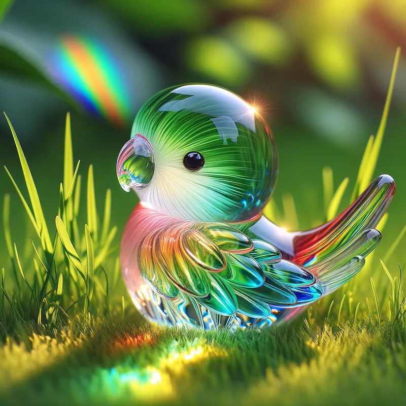 Delicate Glass Parrot - A nice and cute blown glass baby parrot, natural colors, bright and transparent, on the grass lawn. - AI image generated with Art