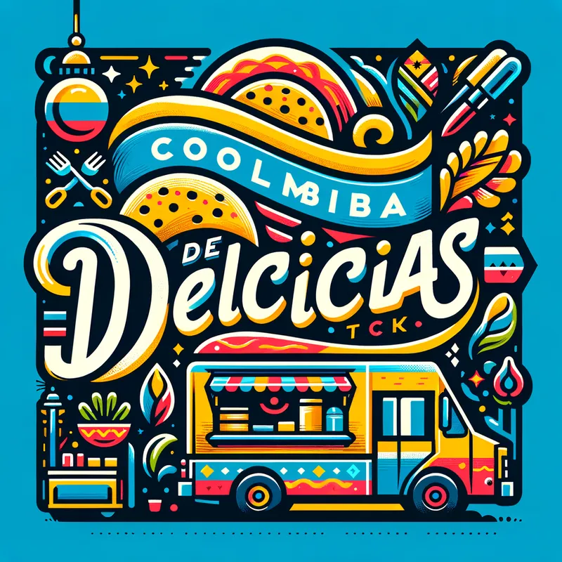 Delicias de Colombia Logo - Create a professional logo for a Colombian food truck named “Delicias de Colombia”. Design should feel vibrant, welcoming, and memorable, inspired by Colombian culture and street food. Include bold, clean typography with the business name as the main focus. Use a lively color palette inspired by the Colombian flag—yellow, blue, and red—while keeping the design polished and suitable for branding on a food truck, menus, uniforms, and social media. Incorporate subtle food-themed or cultural elements such as a stylized arepa, coffee bean, tropical leaf, mountain silhouette, or festive pattern, while keeping the logo modern and not overly complex. The final logo should be eye-catching, scalable, and work well on both light and dark backgrounds. - AI image generated with Art