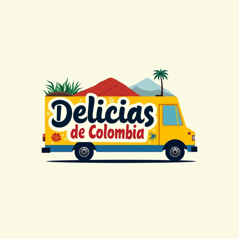 Delicias de Colombia Logo - Create a professional logo for a Colombian food truck named “Delicias de Colombia”. Design should feel vibrant, welcoming, and memorable, inspired by Colombian culture and street food. Include bold, clean typography with the business name as the main focus. Use a lively color palette inspired by the Colombian flag—yellow, blue, and red—while keeping the design polished and suitable for branding on a food truck, menus, uniforms, and social media. Incorporate subtle food-themed or cultural elements such as a stylized arepa, coffee bean, tropical leaf, mountain silhouette, or festive pattern, while keeping the logo modern and not overly complex. The final logo should be eye-catching, scalable, and work well on both light and dark backgrounds. - AI image generated with Photorealistic 2